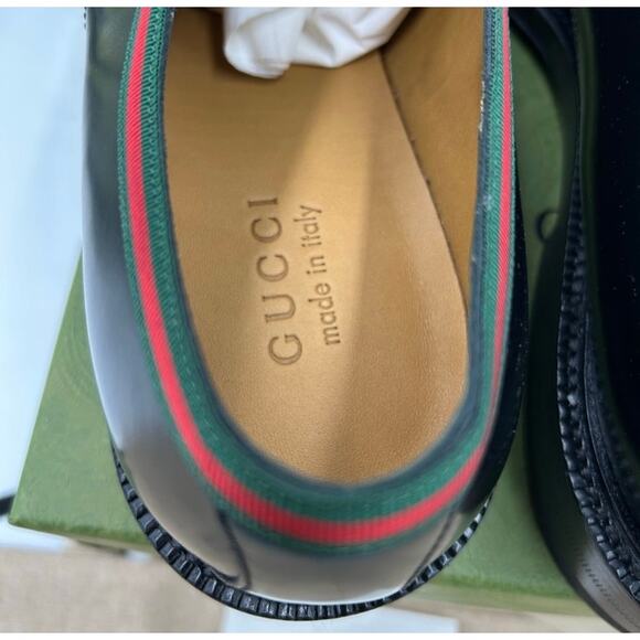 Men\'s Gucci Black Leather Derby Shoes with Green-Red Web Trim size 12.5 main image 7
